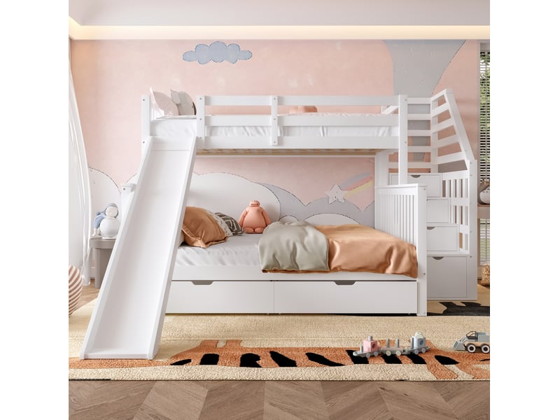  Modenvie lit superposé 90x200140x200 cm - avec toboggan, tiroirs et rangements - pour chambre d'enfant - blanc  - Conforama D