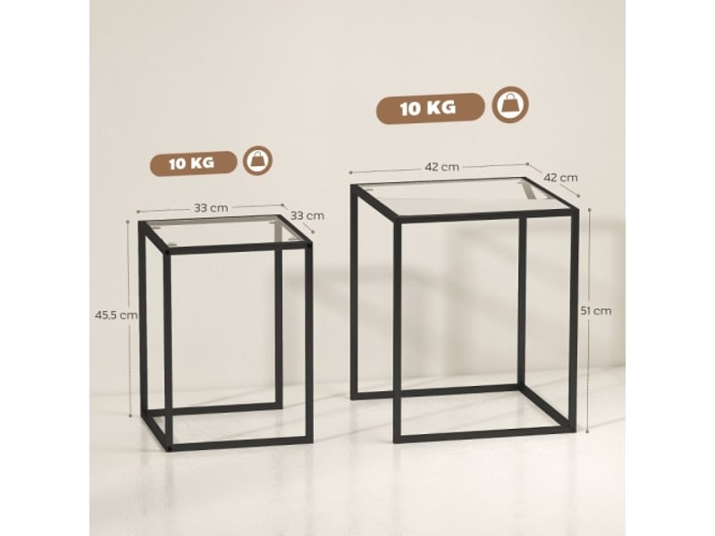  Lot de 2 tables d'appoint empilables - tables basses noires, pieds en acier, design moderne  - Conforama C