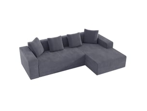 Canapé d'angle modulable 3 places en velours côtelé gris avec méridienne droite, assise profonde et 4 coussins
