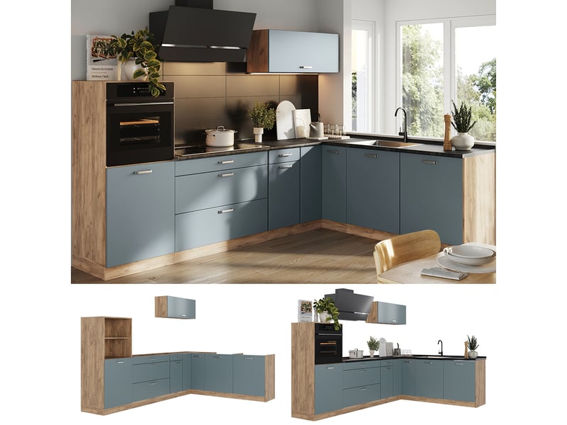  Vicco cuisine en angle, bleu-grischêne doré, 287 x cm sans plan de travail  - Conforama D
