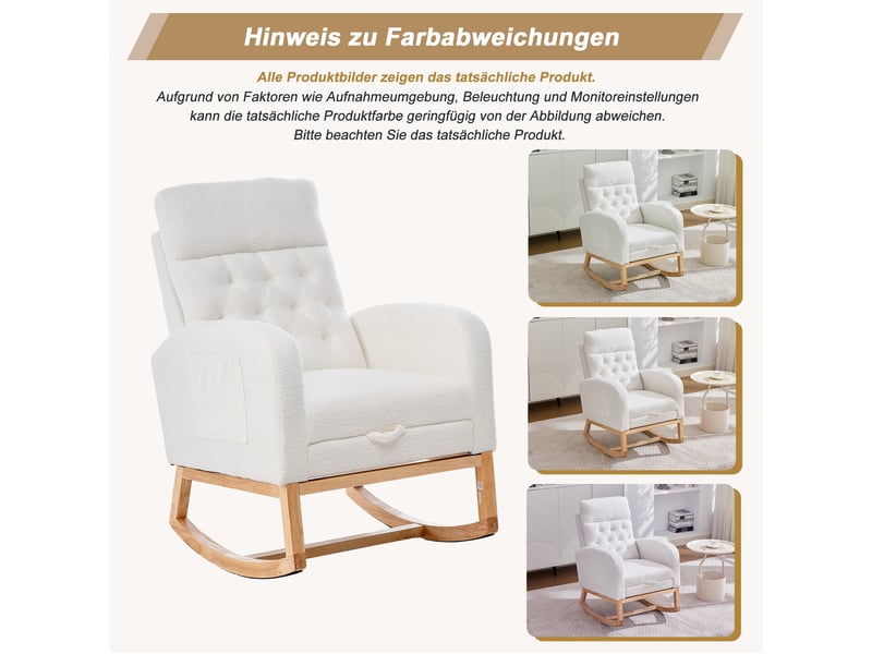 Fauteuil à bascule blanc 65,6 × 123 × 102 cm, tissu bouclette et bois, repose-pieds réglable, poches latérales - Conforama D