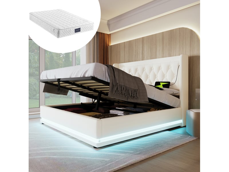  Lit coffre 160x200 cm blanc avec led et charge usb type-c cravdom  - Conforama C