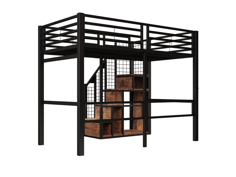  Lit mezzanine noir 90x200 cm avec échelle sécurisée, cadre en fer et tablette – lit enfantado, sans matelas  - Conforama D