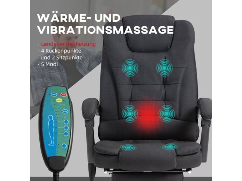 Chaise de bureau massante ergonomique, inclinable avec chaleur, repose-pieds, télécommande, noir - Conforama D
