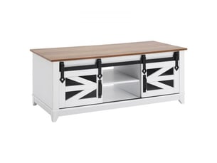 Table basse, 1210 x 560 x 481 mm, table de salon rectangulaire, 2 portes de grange coulissantes, table rustique en bois 2 niveaux, étagères amovibles, pour chambre, appartement, blanc et naturel