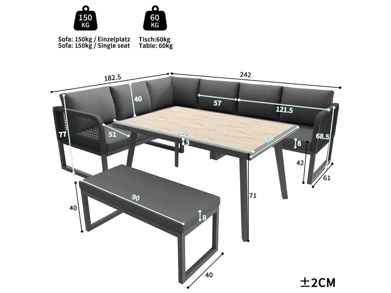  Salon de jardin 8 places en résine tressée gris - coussins épais, lounge extérieur, ensemble canapé jardin  - Conforama C