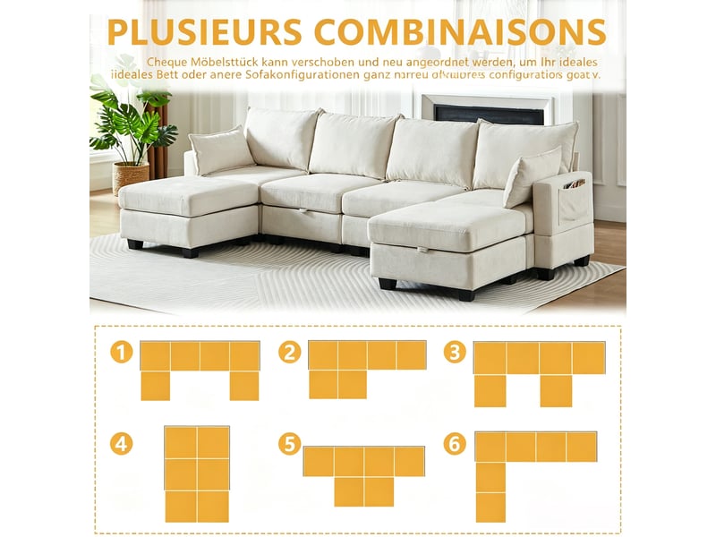  Canapé d’angle, modulable en chenille, forme u, ottomane de rangement, 6 places avec méridienne, 87,6x289,6x141 cm, beige  - Conforama E