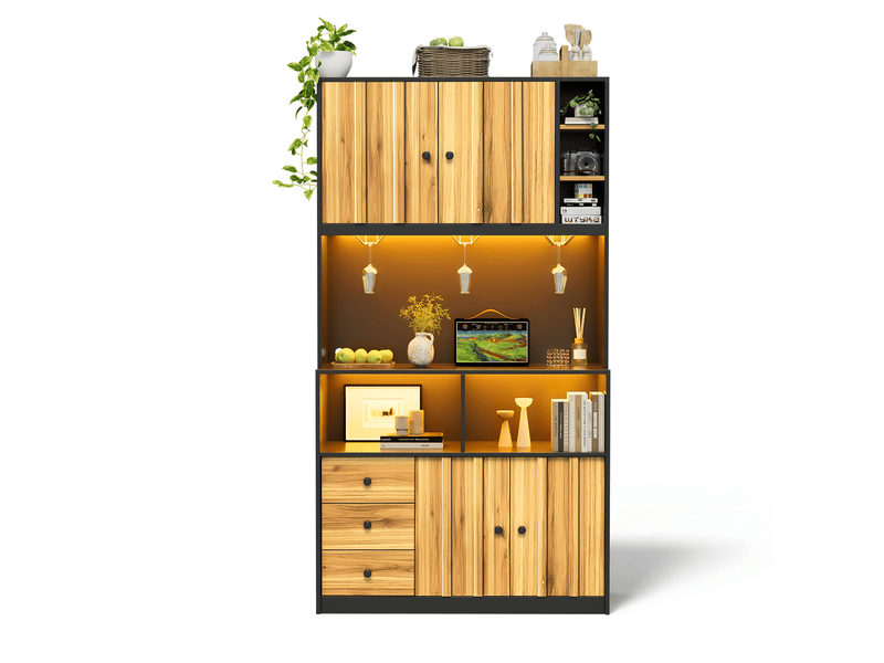  Buffet de cuisine en mdf 100x40x180 cm, 3 porte-verres, range-bouteilles, led et prises usb pour séjour et salle à manger  - Conforama D