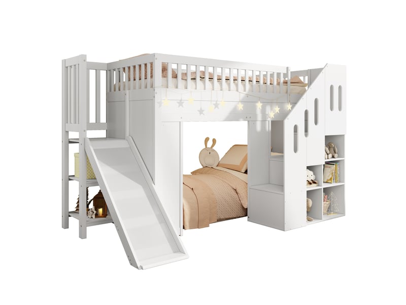  Lit mezzanine enfant 90x200 cm avec toboggan, escalier de rangement et led blanc  - Conforama A