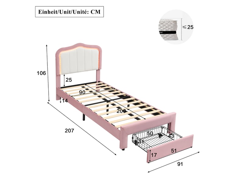  Lit enfant 90x200 cm en velours rose avec tiroir, tête de lit, éclairage led via application, sans matelas  - Conforama C