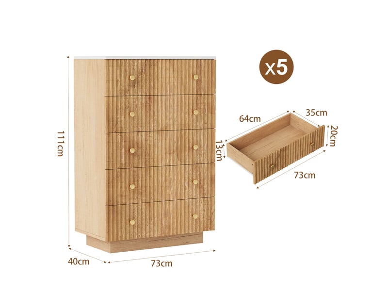  Commode 73x40x111cm, 5 tiroirs avec éclairage led 3 couleurs, en bois, style moderne, couleur chêne  - Conforama E