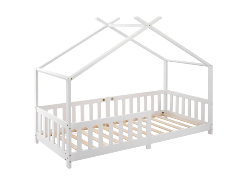  Lit cabane 90x200 cm, lit enfant avec peotection antichute et sommier à lattes, en bois, blanc, sans matelas  - Conforama A
