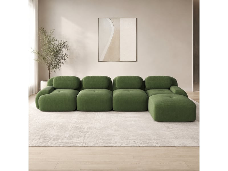 Canapé d'angle modulable 4 places en velours côtelé vert, sans montage, avec méridienne pour grand salon - Conforama B