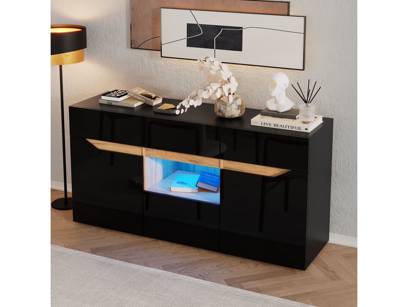  Buffet bas 140 cm avec 4 tiroirs et led noir et bois cravdom  - Conforama C