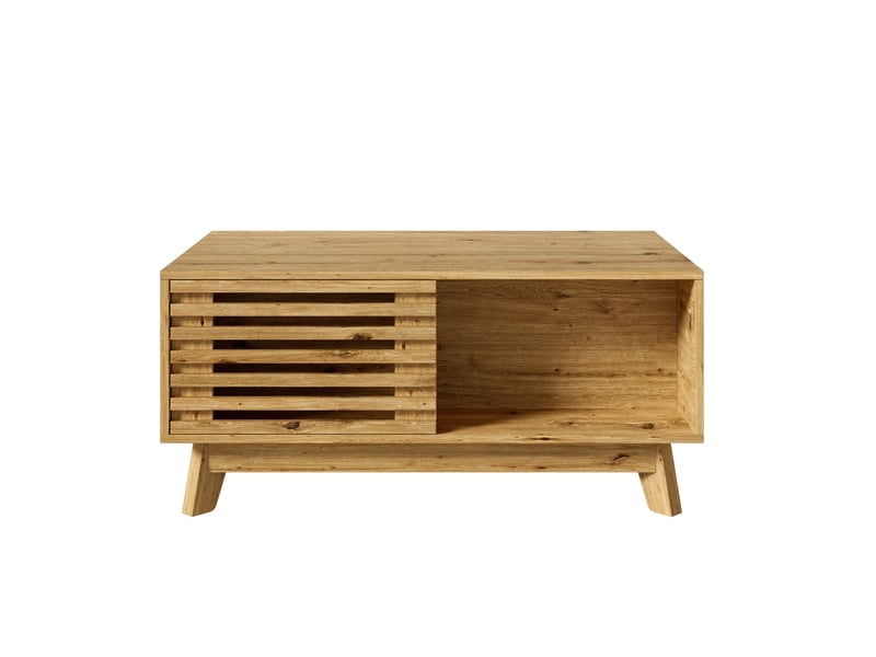  Table basse rétro moderne, plateau réglable en hauteur, porte coulissante à persiennes, aspect bois, structure en mdf, table de salon multifonctionnelle  - Conforama D