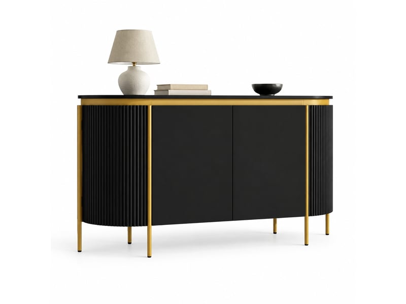  Buffet noir ovale 140 x 38 x 80 cm, 4 portes avec rangement et passe-câbles, pieds en fer  - Conforama A
