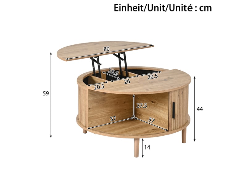Table basse ronde relevable avec rangement et porte coulissante, mdf décor chêne - Conforama C