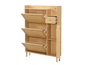 Meuble à chaussures en bois de rotin avec 3 portes basculantes et 1 tiroir pieds et poignées en bois massif