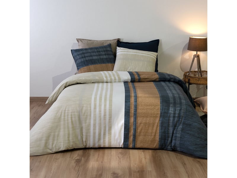  Parure housse de couette 240x220cm + 2 taies motif rayé bleu et beige 100% coton - orman ORMAN - Conforama A