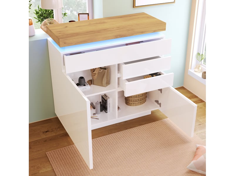 Buffet haut blanc brillant 2 portes, 3 tiroirs et éclairage led, 110 x 39 x 115 cm - Conforama E