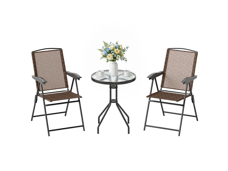  Ensemble de mobilier d'extérieur 3 pièces comprenant une table basse et deux chaises, pliable et réglable, en textilène marron.  - Conforama A