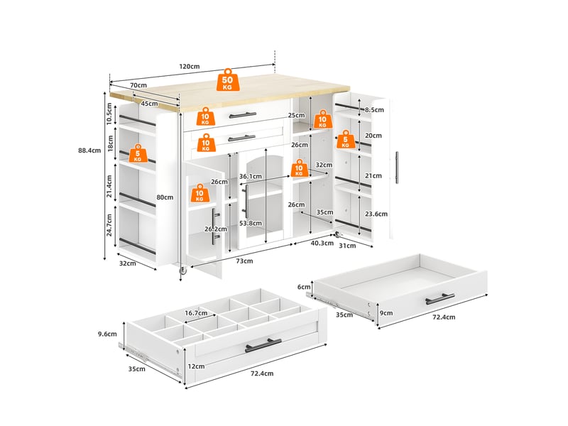 Îlot de cuisine mobile avec plateau rabattable, 5 roulettes, blanc et bois naturel - Conforama E