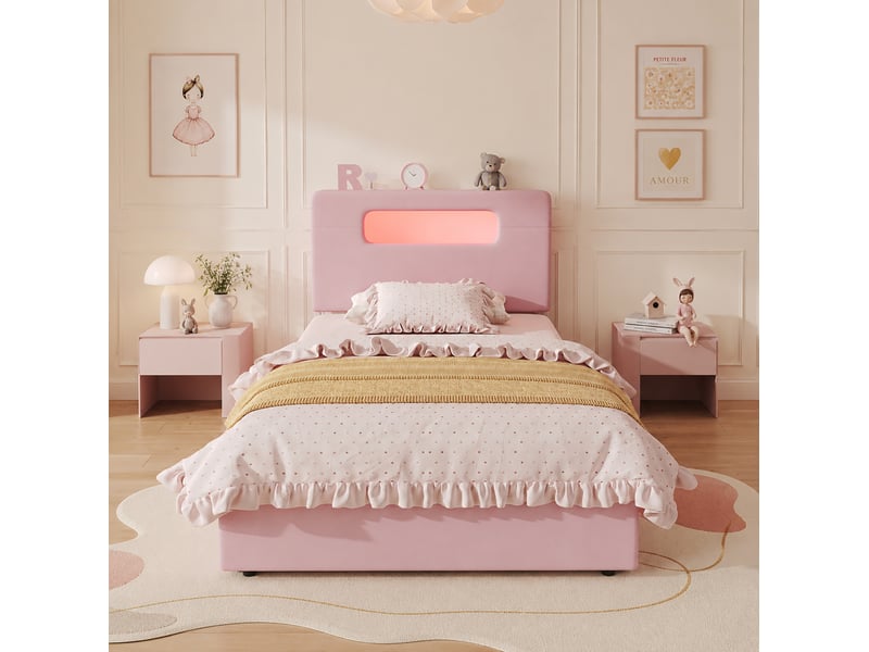 Lit enfant 90x200 cm, 4 tiroirs, tête de lit led pilotée par application, velours, rose sans matelas - Conforama D