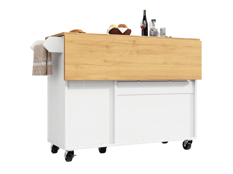 Îlot de cuisine 130x45(75)x92 cm avec 3 portes et plateau pliable, bois et blanc - Conforama D
