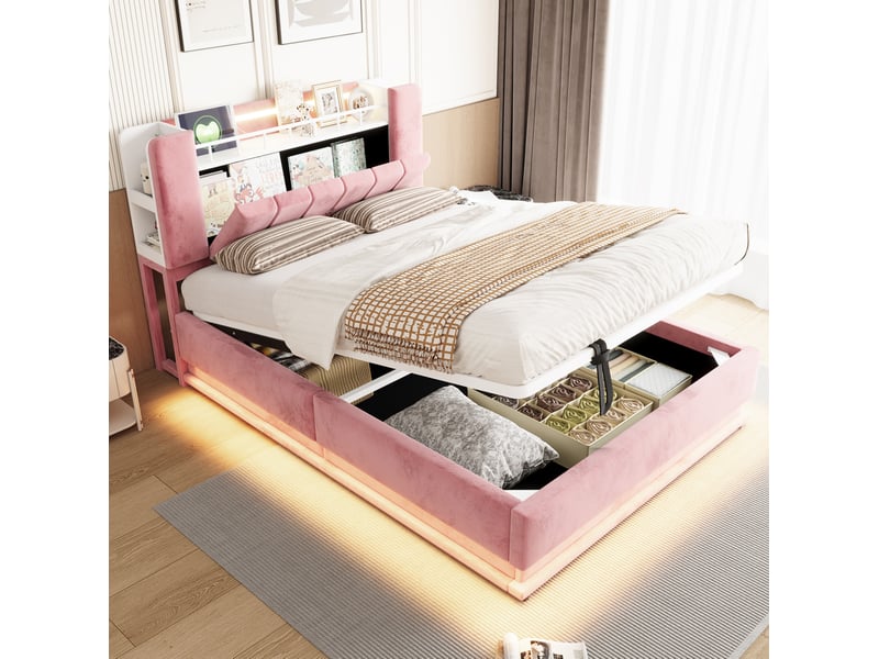 Lit coffre 140 × 200 cm 2 places avec led, usb et rangement hydraulique, sans matelas, en velours rose - Conforama B