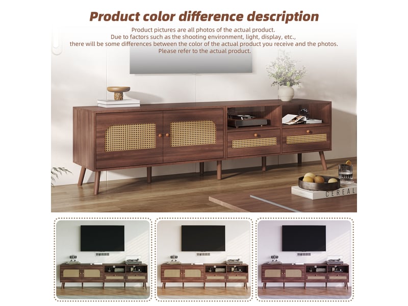  Meuble tv 80 pouces avec portes en rotin, meuble tv 200 cm marron à 2 tiroirs et 8 pieds, rangement multimédia pour salon  - Conforama R