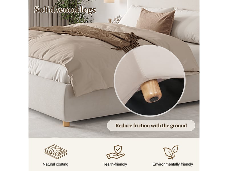  Lit coffre 160 x 200 cm avec rangement hydraulique, lit double rembourré en velours crème avec tête de lit design plié et pieds en bois massif  - Conforama E