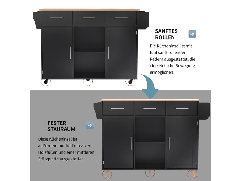 Desserte de cuisine,139x46x91,5 cm,avec plateau rabattable,mdf,noire effet bois  - Conforama E