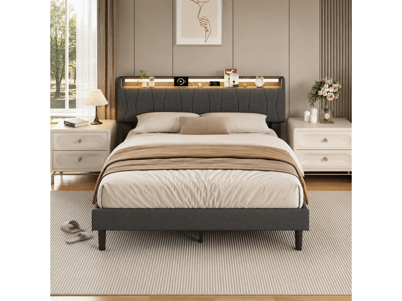  Lit capitonné 140x200 cm, lit 2 place avec led et usb, lit adulte avec sommier à lattes,gris lin lit double, sans matelas  - Conforama C