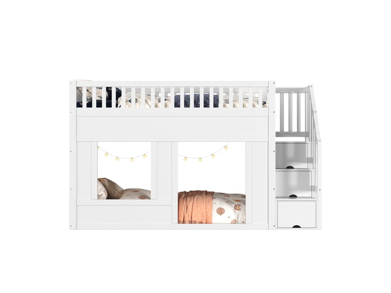  Lit superposé enfant 90x200 cm, avec escalier de rangement, un seul sommier, bois et mdf, blanc, sécurisé, sans matelas  - Conforama A