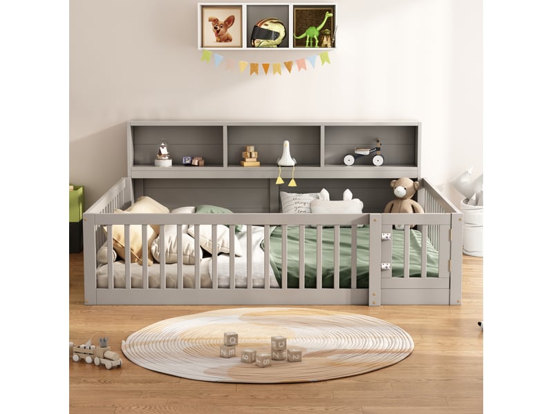  Lit enfant banquette 140 x 200 cm avec rangements latéraux, barrières et sommier, gris  - Conforama D