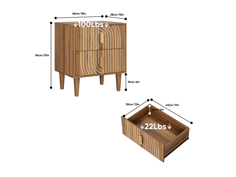  Table de chevet bohème 48 x 38 x 56 cm en mdf marron, 2 tiroirs et décor géométrique, pour chambre adulte  - Conforama C