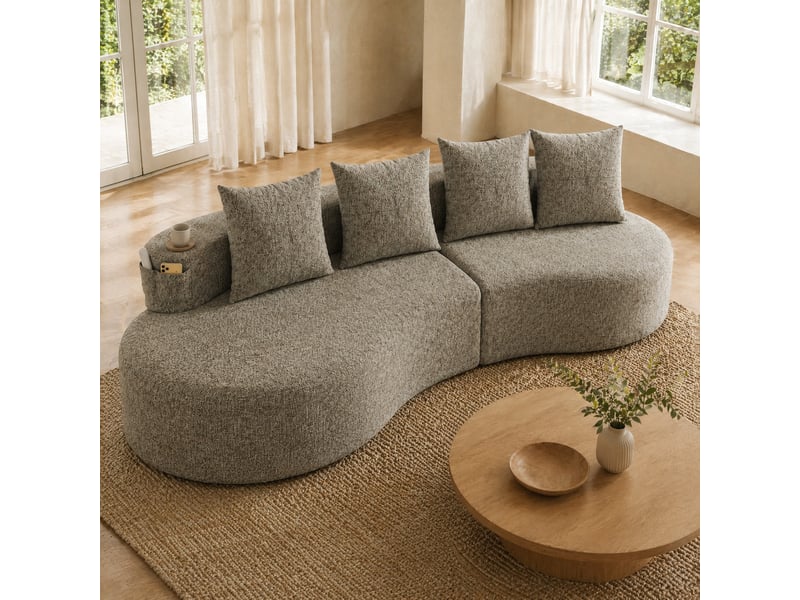 Canapé 4 places en tissu de lin kaki avec 4 coussins, porte-gobelet et poches latérales - Conforama D