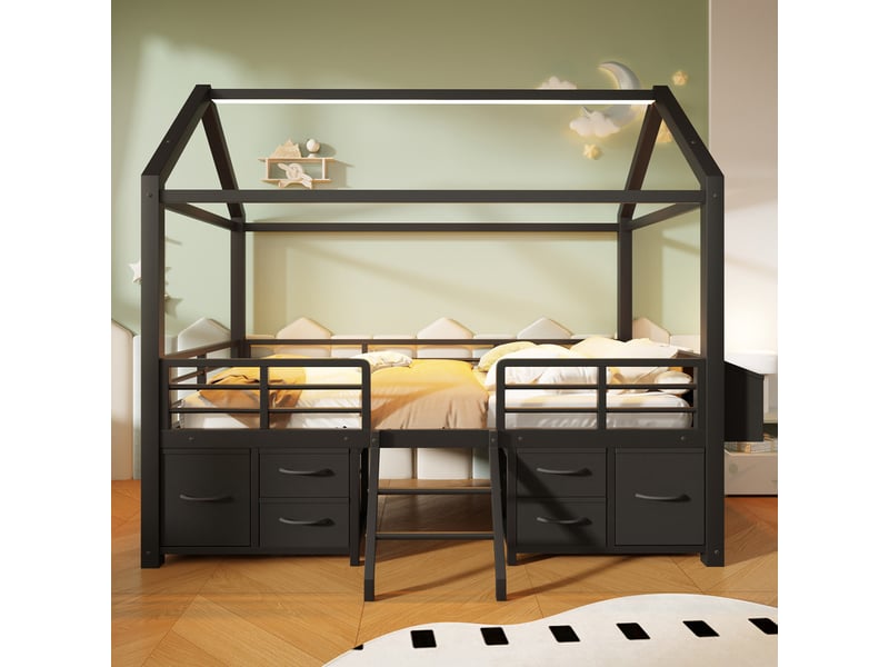 Lit enfant 90x200 cm avec toit - éclairage led - lit cabane avec 6 tiroirs en tissu et rangements - métal - noir (sans matelas) - Conforama B