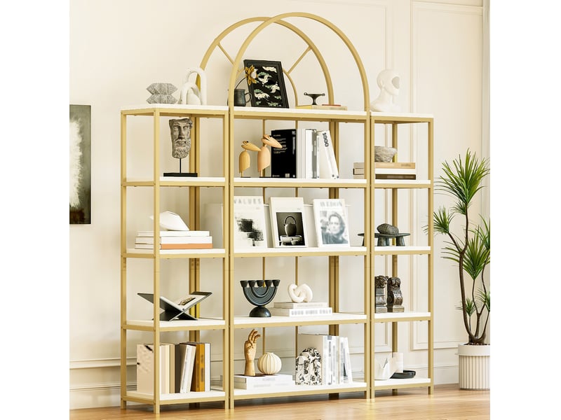  Bibliothèque modulaire haute 163x30x184 cm, anti-basculement, pour salon, cuisine et bureau, mdf, métal, doré et blanc  - Conforama D