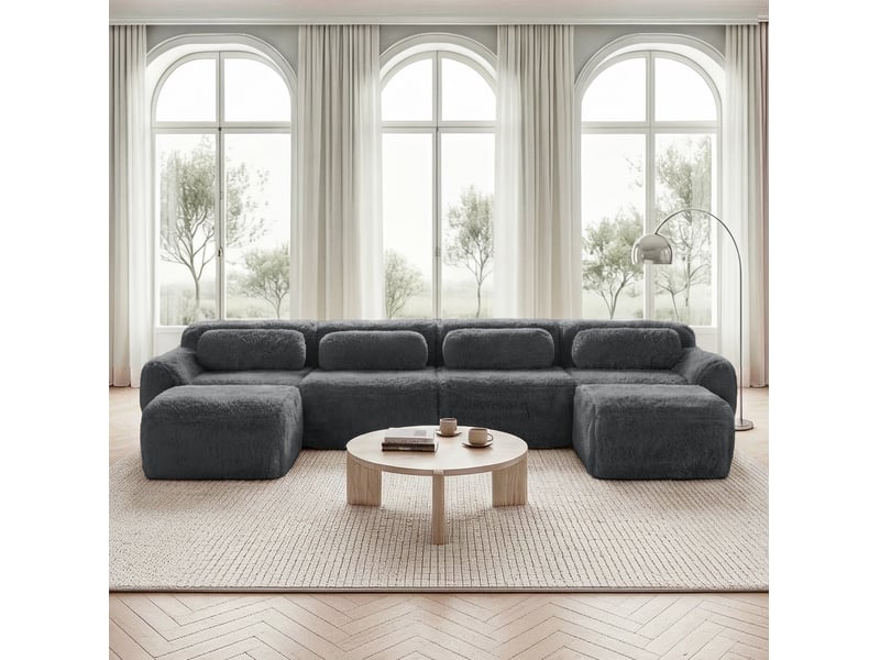 Canapé modulable en u 4 places gris en tissu peluche avec ottoman et coussins - Conforama B