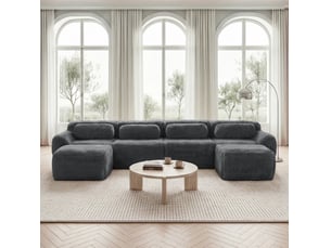 Canapé modulable en u 4 places gris en tissu peluche avec ottoman et coussins