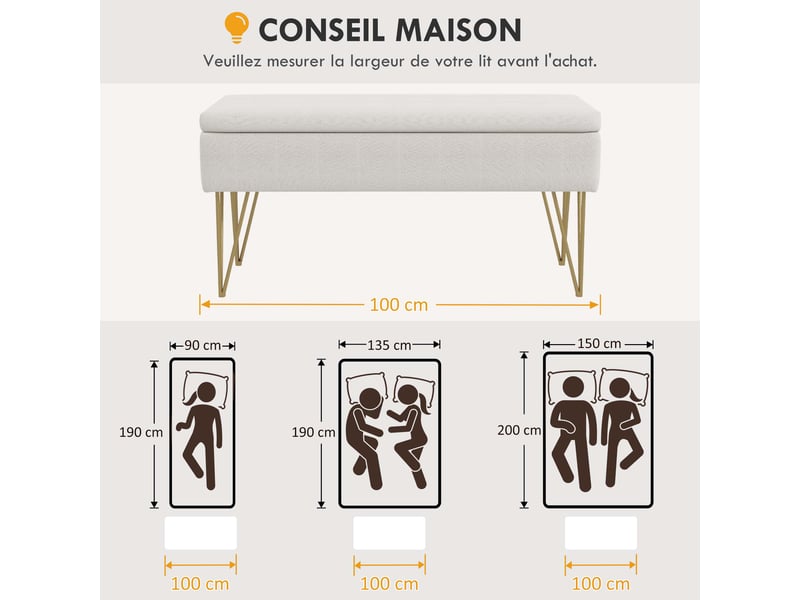  Banc banquette coffre de rangement 2 en 1 en tissu avec pieds épingle en acier doré crème 100 x 40 x 49 cm  - Conforama W