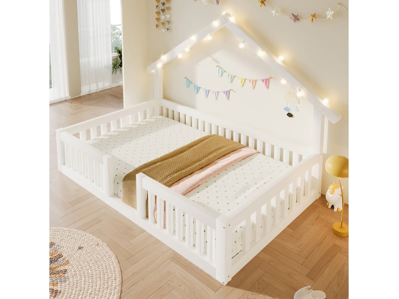  Lit cabane enfant 90 × 200 cm 1 place avec barrières de sécurité et éclairage led, sans matelas, en bois, blanc  - Conforama B