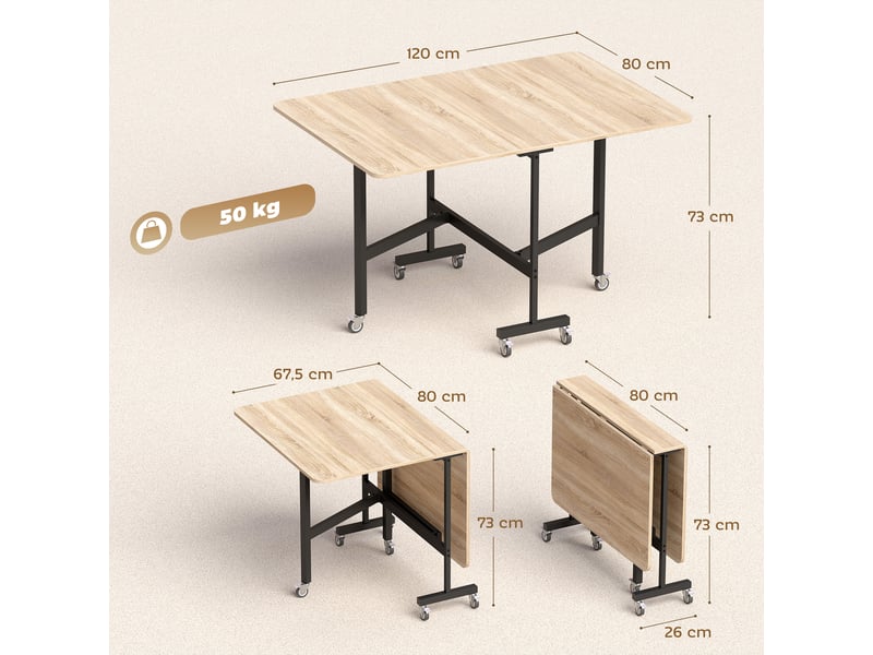  Table à manger pliante 6 roulettes avec freins coloris chêne 120 x 80 x 73 cm  - Conforama C