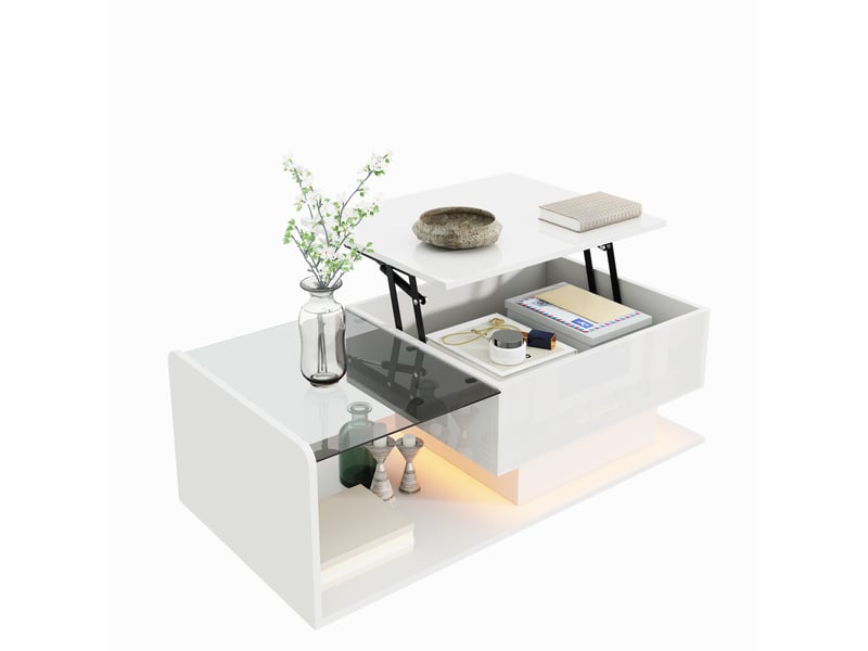  Table basse relevable 100x50cm avec verre trempé et led connectée | coffre et niche laqué brillant | charge 35kg - blanc  - Conforama A