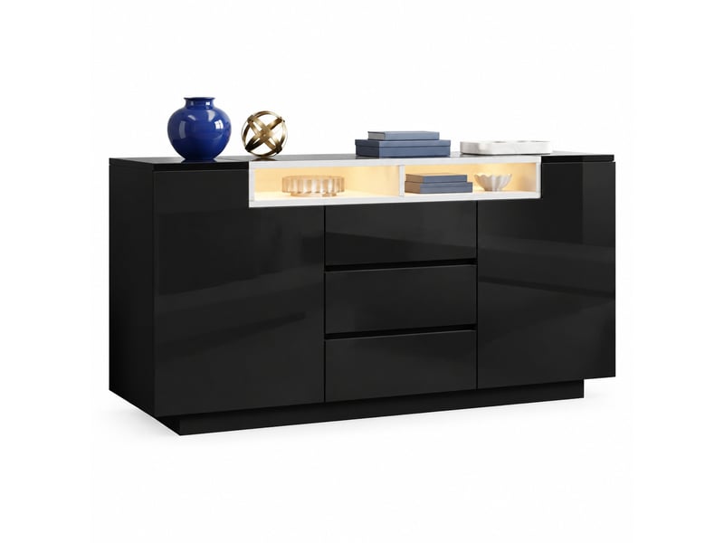  Buffet et enfilade avec 2 portes, 3 tiroirs, niches semi-ouvertes et led pour salon, 140×40×68 cm, noir  - Conforama A