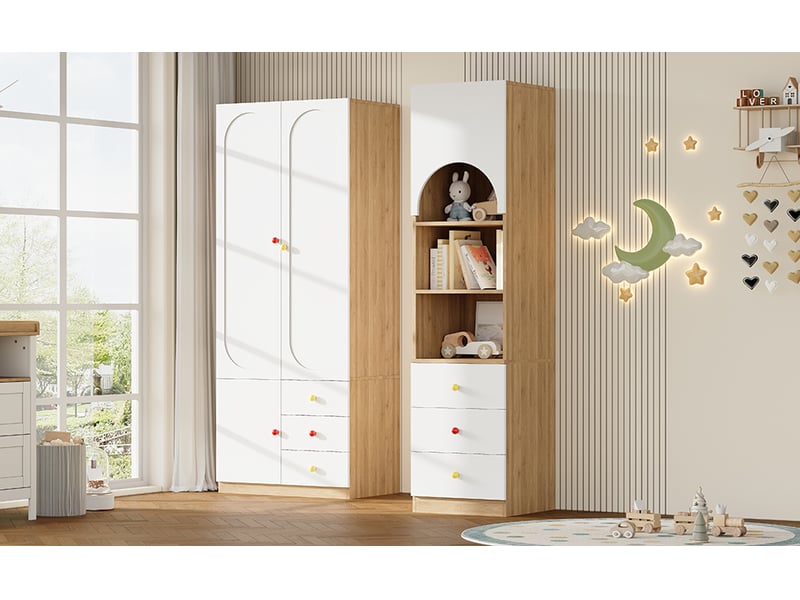  Armoire enfant de rangement avec 2 portes, 3 tiroirs, penderie et étagères pour chambre en mdf 80×50×200 cm blanc  - Conforama E