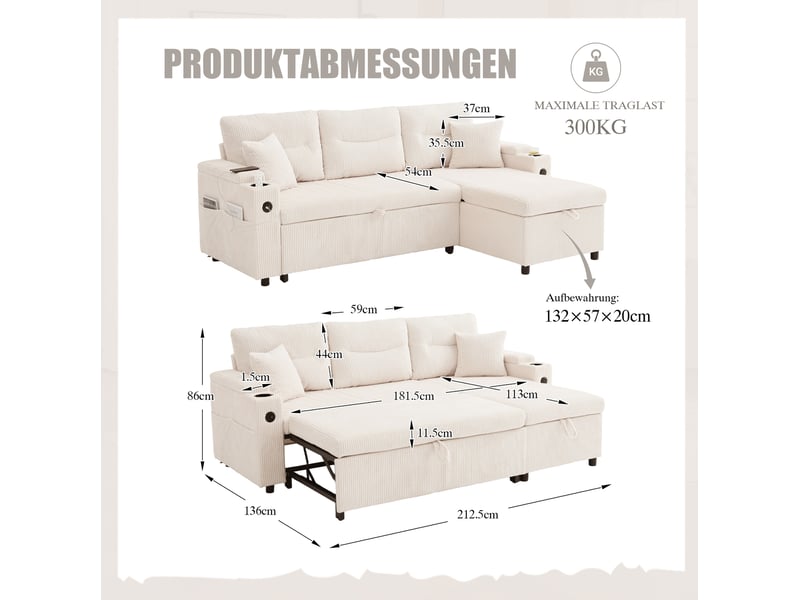  Canapé d'angle 3 places modenvie en velours côtelé beige avec méridienne, rangement, lit tiroir et usb c  - Conforama C