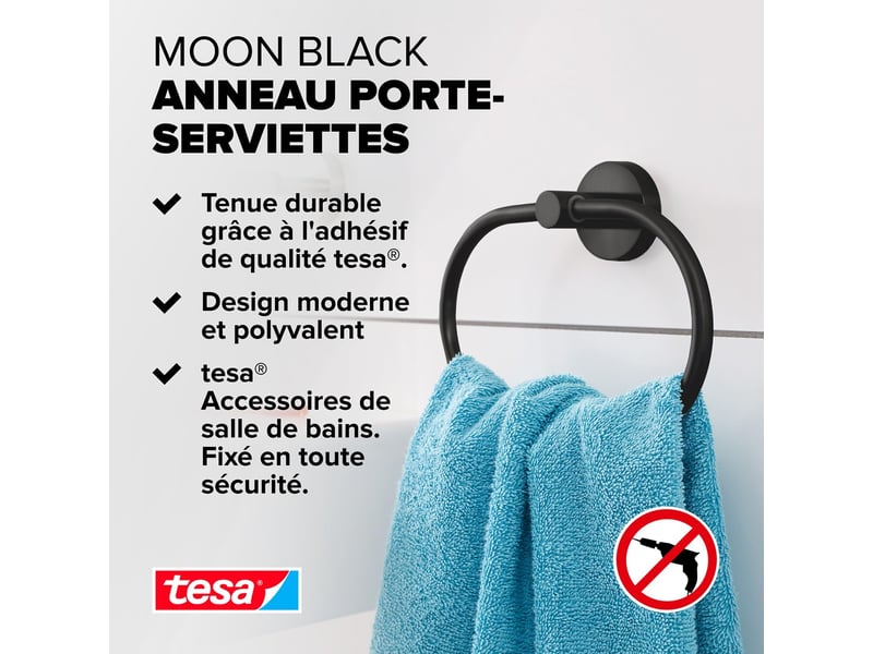 Tesa moon black porte-serviettes anneau, noir mat, adhésif, technologie sans percer, 53 mm x 184 mm x 130 mm - Conforama D