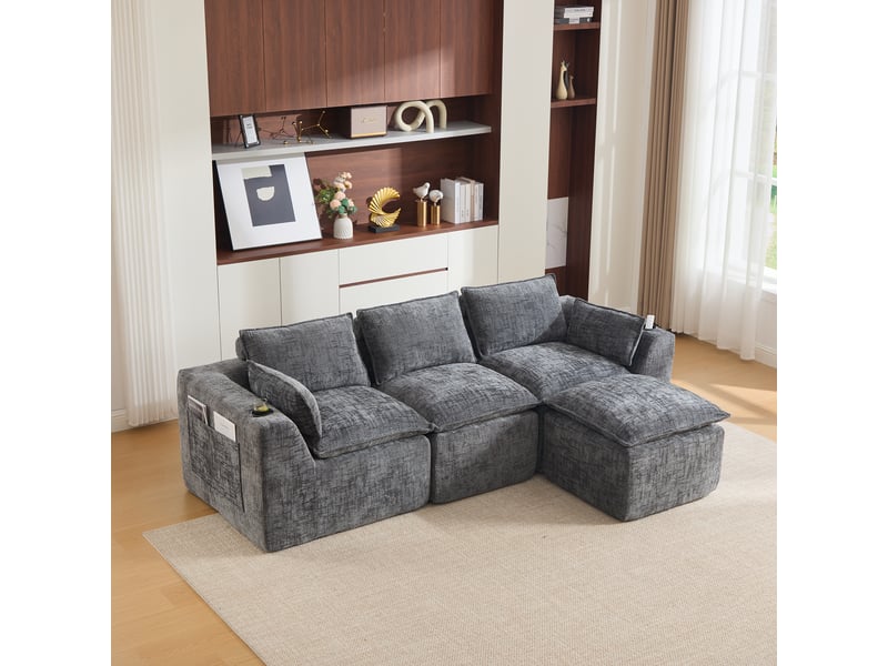  Canapé 3 places modulable gris foncé avec pouf - tissu chenille, porte-gobelet et poches  - Conforama B